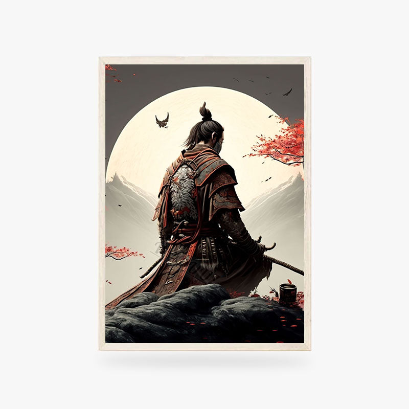 This Japanese poster is an art ninja painting. A Japanese warrior is drawn on the poster. He meditates in the moonlight. Zen interior decoration guaranteed