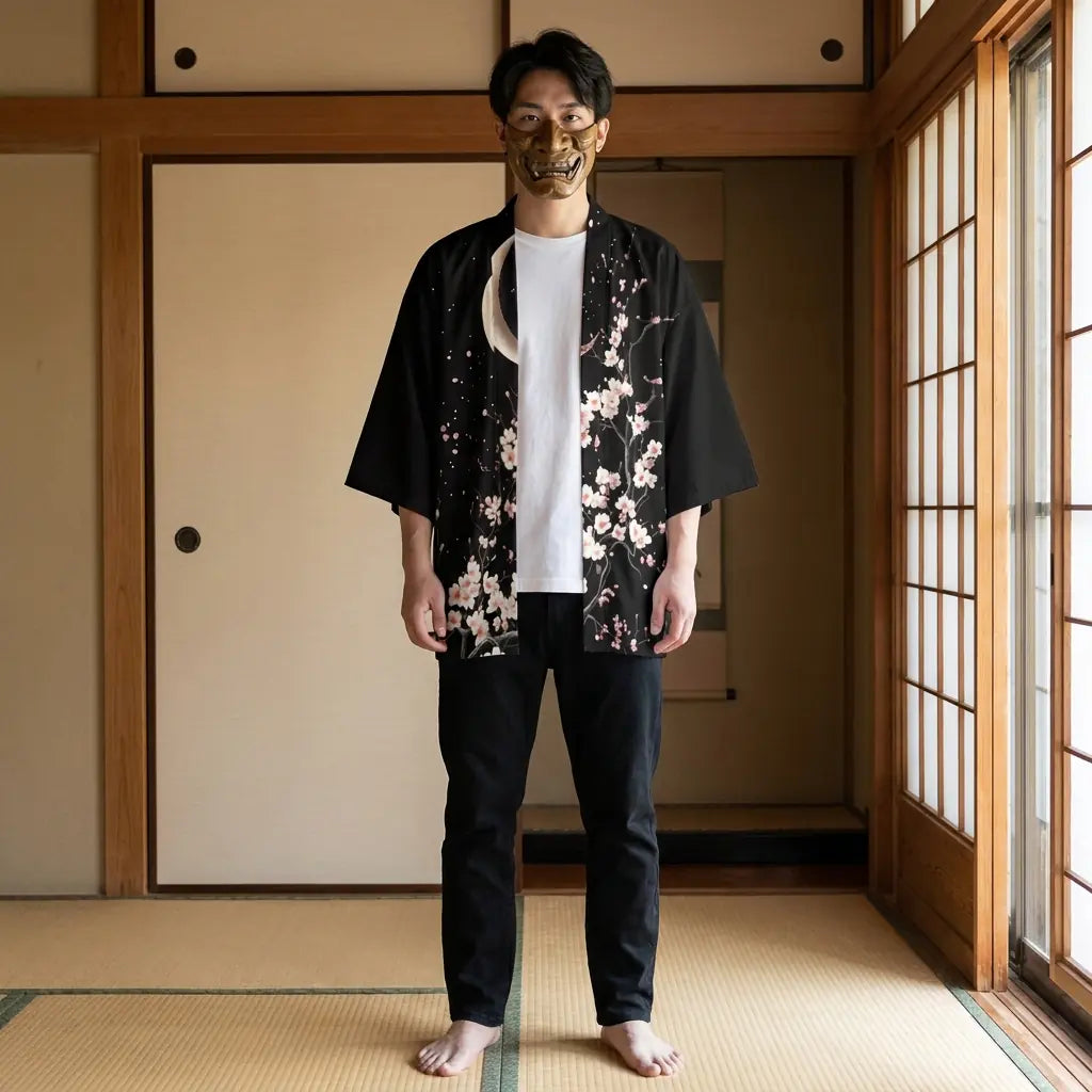 Man wearing a moon kimono in a traditional Japanese washitsu room, front view