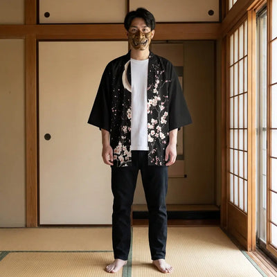 Man wearing a moon kimono in a traditional Japanese washitsu room, front view