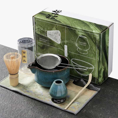 Buy a  authentic matcha tea set to prepare a good japanese green tea. The pack contains a chasen whisk, chawan bowl, chashaku spatula, and ceramic whisk holder.