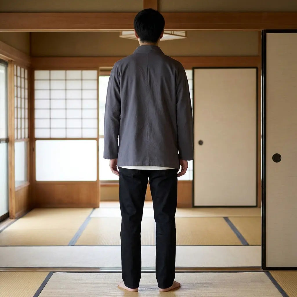 Back view of a traditional japanese samue in a washitsu room, showing the full back design