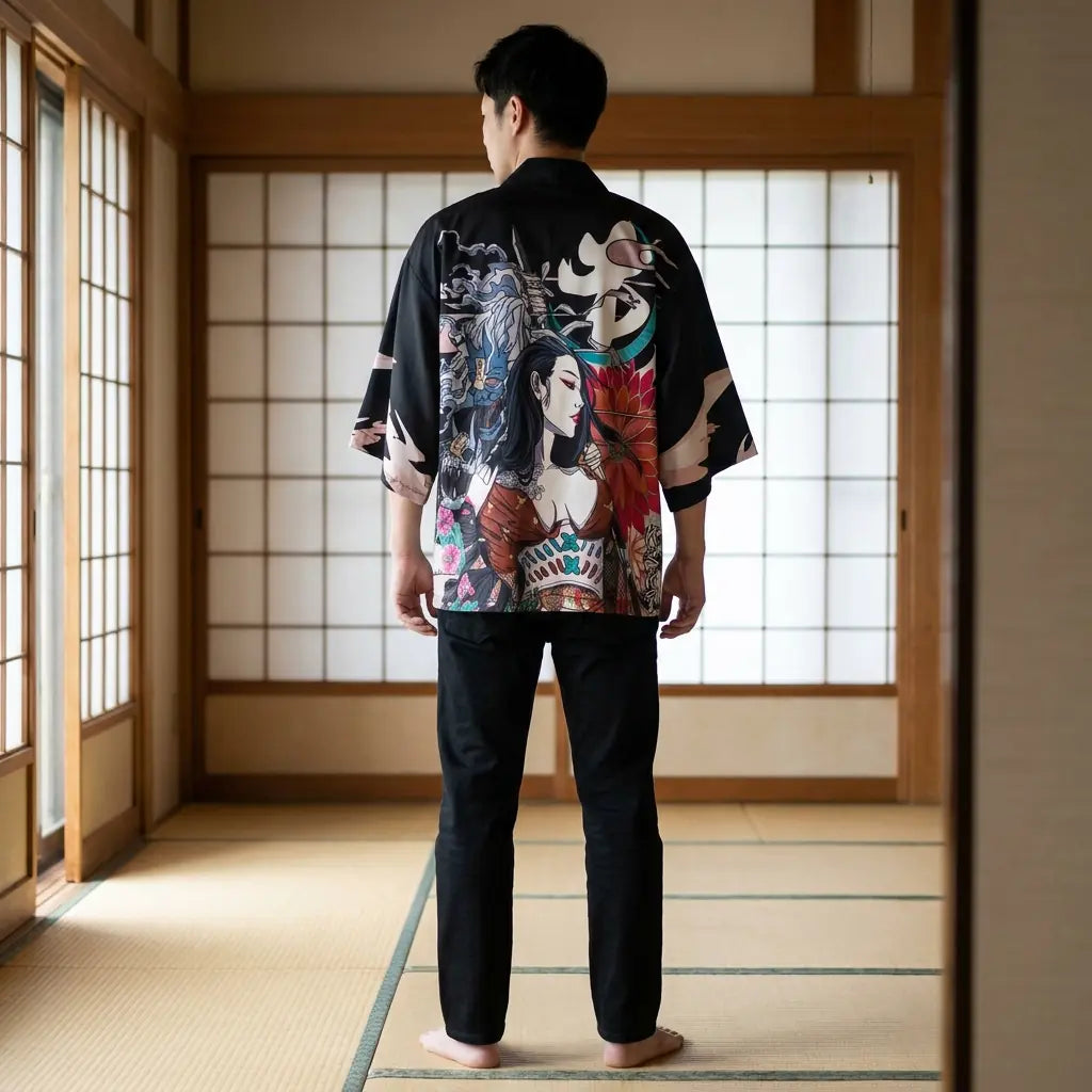 Back view of a anime haori in a washitsu room, showing the full back design