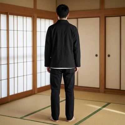 Back view of a japanese samue in a washitsu room, showing the full back design