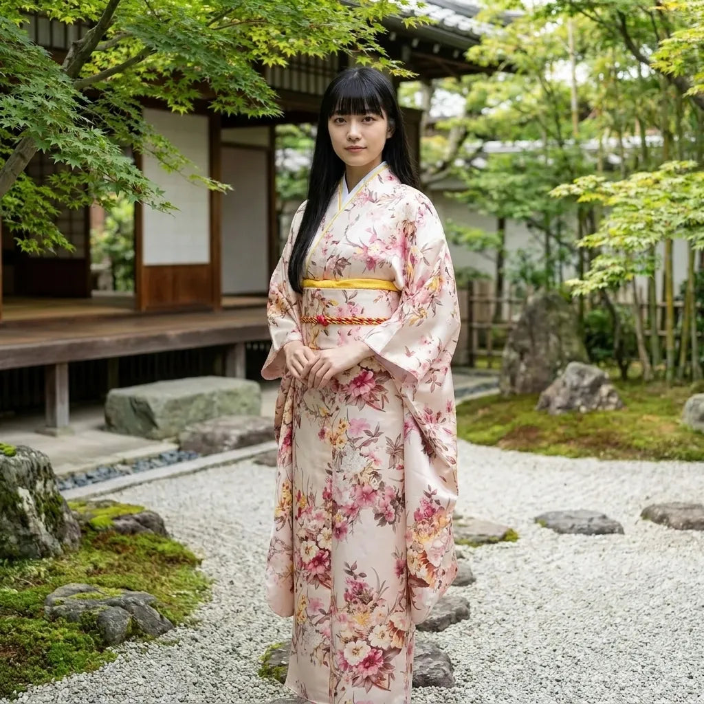 Beige kimono robe closed with obi-style sash showing long silhouette