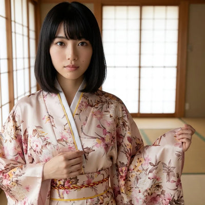 Beige kimono robe with pink sakura floral print, front view