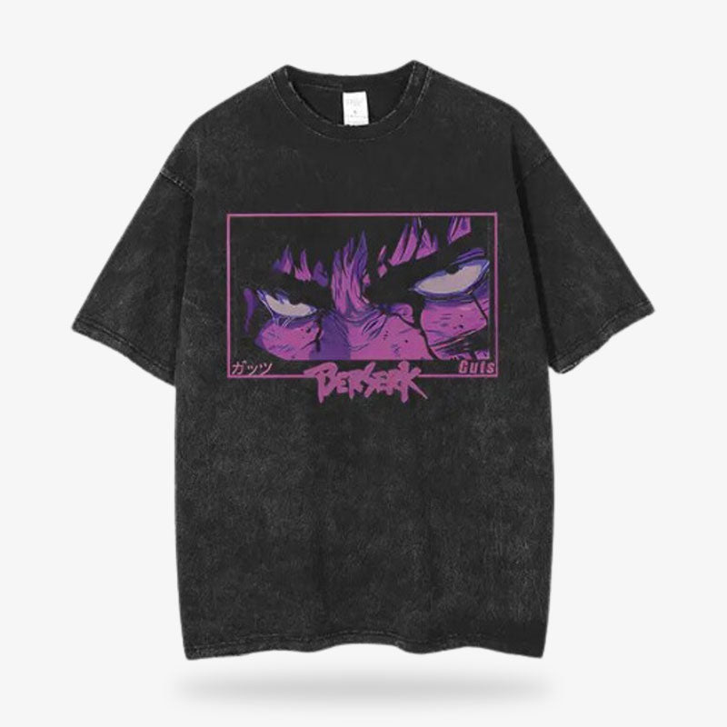 This Berserk manga shirt is printed with the eyes of the warrior Guts from the anime. Quality japanese t-shirt made with cotton and black color shirt