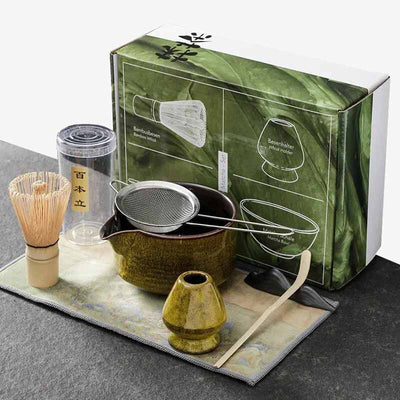 Look at the best matcha tea set in a complete pack that includes a chasen whisk, chawan bowl, chashaku spatula, and ceramic whisk holder.