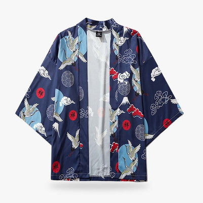 The bird kimono showcases an elegant Japanese design with a Tsuru crane motif, highlighting the grace and beauty of traditional Japanese art