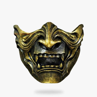 the black and gold oni mask is half face samurai mask. Japanese made with fiberglass material. It's a samurai mask symbolizing the oni demon with fangs 