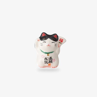 A black and white maneki neko cat in kawaii style. Kanji script is written on the lucky cat's body.