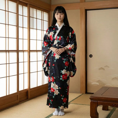Black floral kimono with camellia motif worn open over a dark outfit