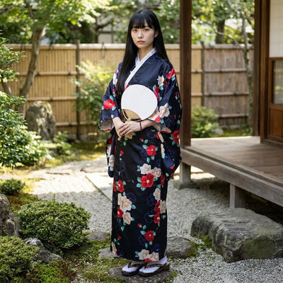 Back view of the black camellia kimono robe showing its one-size wrap cut