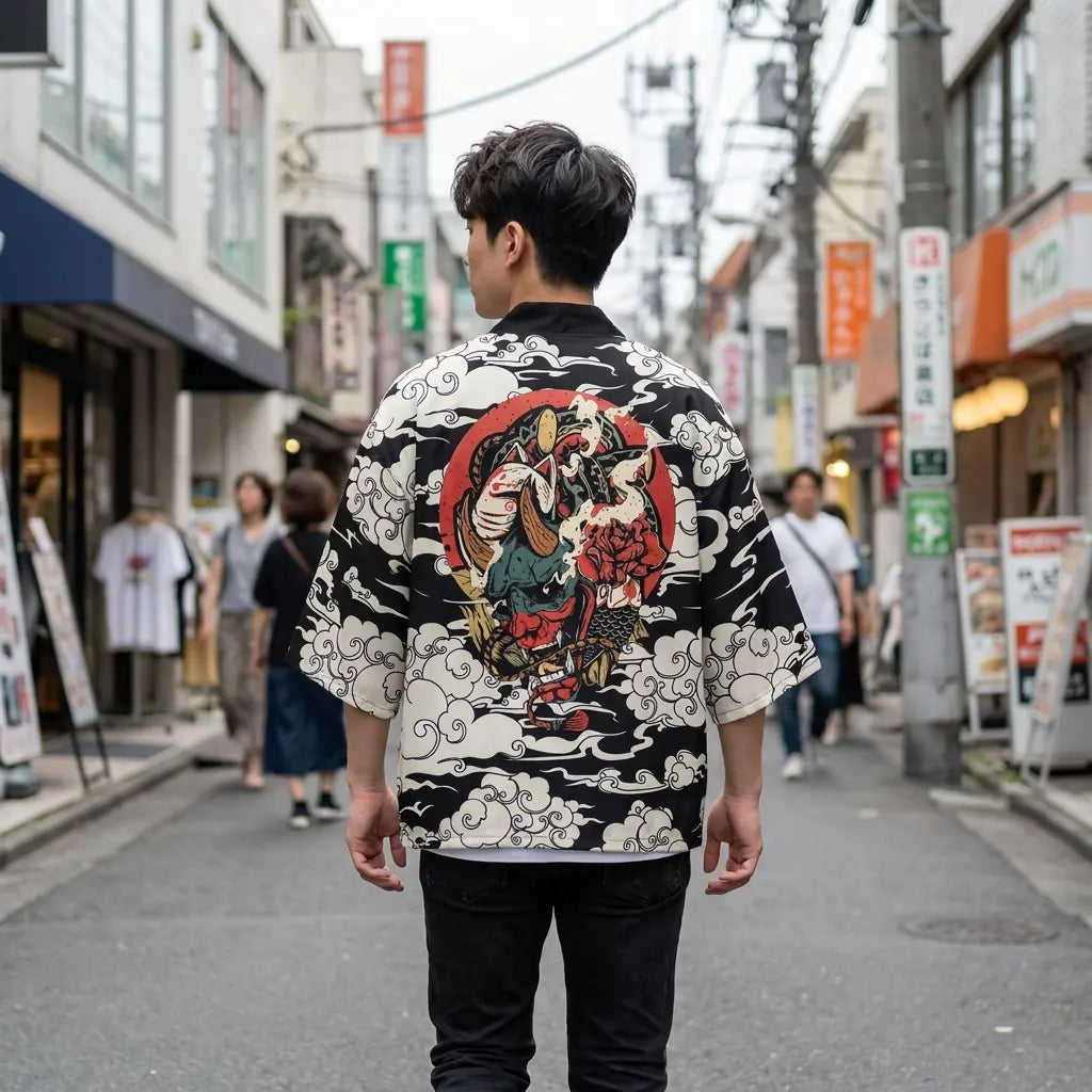 Back view of a black haori jacket worn in a Harajuku street, showing the full print