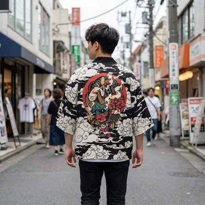 Back view of a black haori jacket worn in a Harajuku street, showing the full print