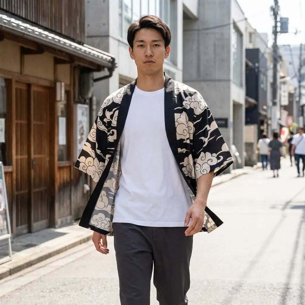 Man wearing a black haori jacket in a Harajuku street in Tokyo, front view