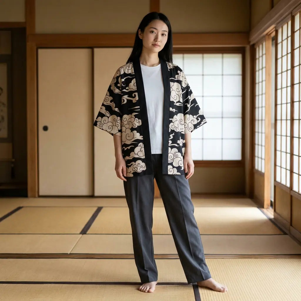 Woman wearing a black haori jacket in a washitsu room with tatami and shoji screens
