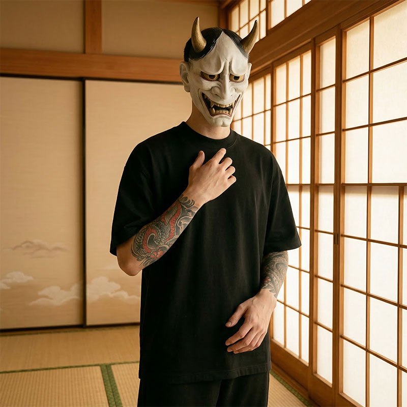 Person wearing a traditional Japanese mask in a room with shoji screens and a black harajuku shirt round neck