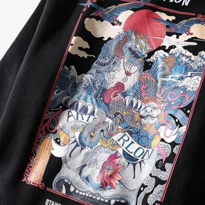 Black japanese hoodie print with colorful dragon design on a white background