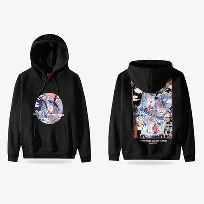 Black japanese hoodies for men with colorful front and back designs on a white background