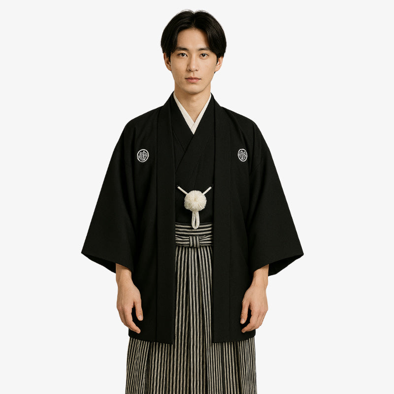 Black Japanese kimono featuring traditional family crests, paired with a classic haori jacket and striped hakama pants, crafted in authentic Habutae and Sendaihira fabrics.