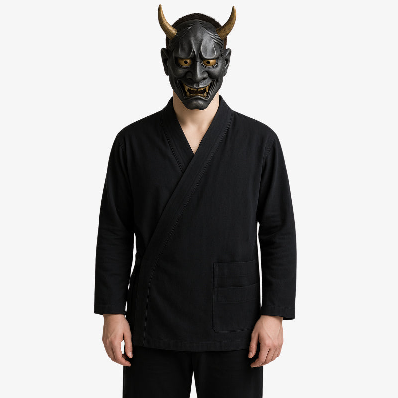 Black Japanese samue combining comfort and tradition, ideal for meditation, leisure, or casual minimalist fashion. This men wears a japanese hannya mask on his face