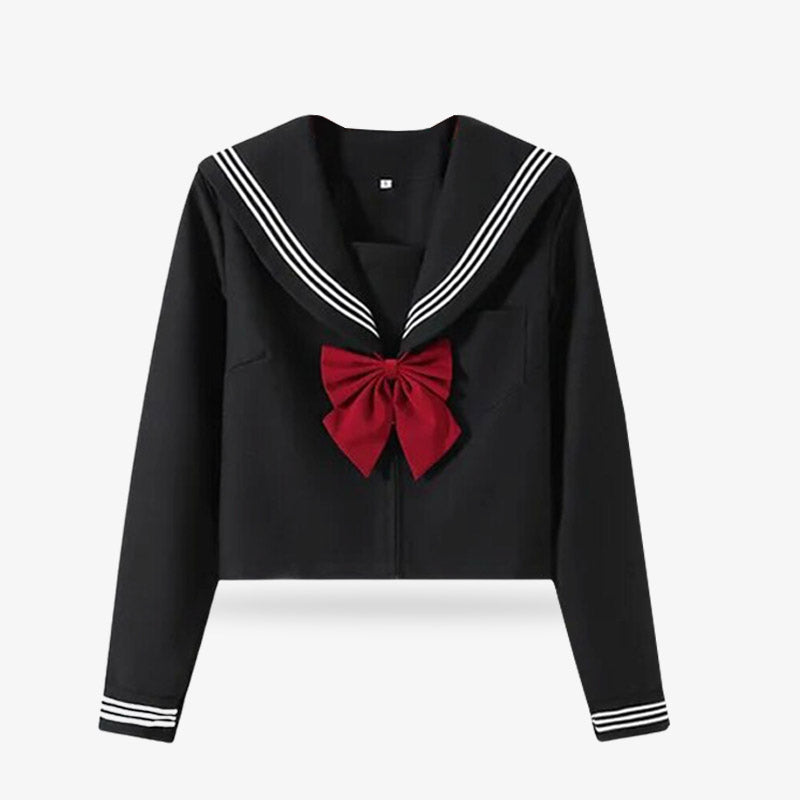 a black japanese schoolgirl sailor uniform cosplay costume with a red ribbon and white stripes