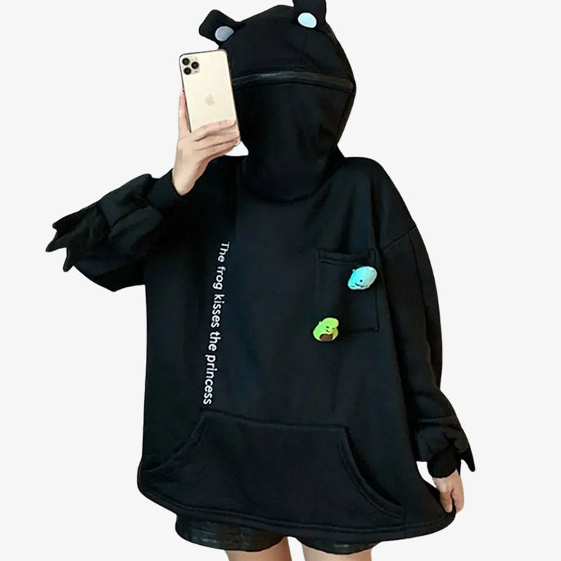 Black kawaii hoodie made from high-quality black fabric with adorable illustrations, ideal for a trendy Japanese style