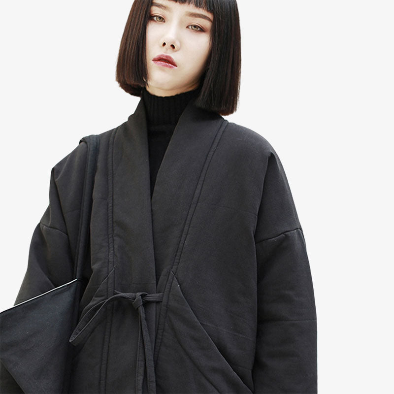 For a traditional look, wear a Black kimono Coat Womens. Japanese cotton coat with a finished belt to fasten her kimono jacket.