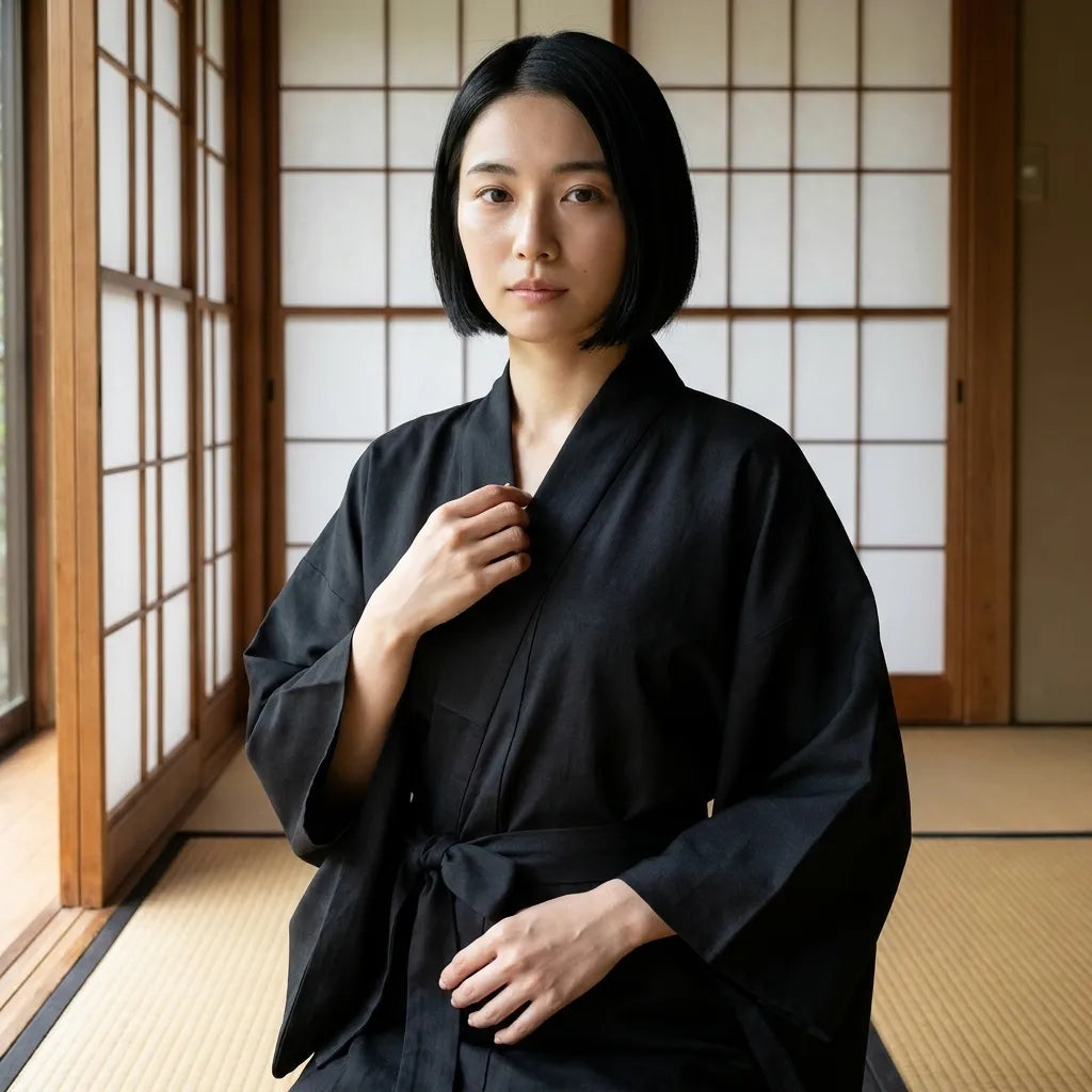 Back view of the black nagajuban-inspired kimono robe showing its long straight panels