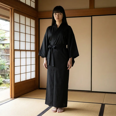 Black kimono robe women wearing open over a simple layered outfit