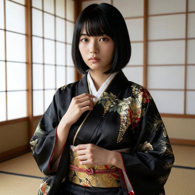 Obi-style waist detail on a black floral kimono dress