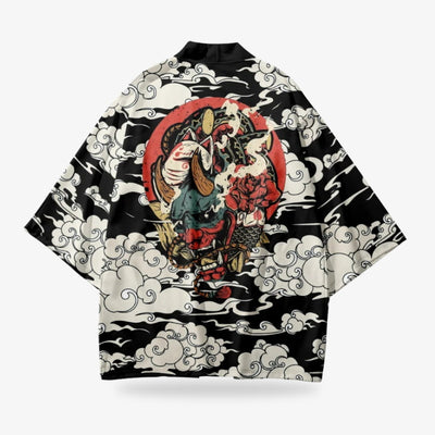 Traditional Japanese Black Oni kimono with intricate cloud designs on a white background