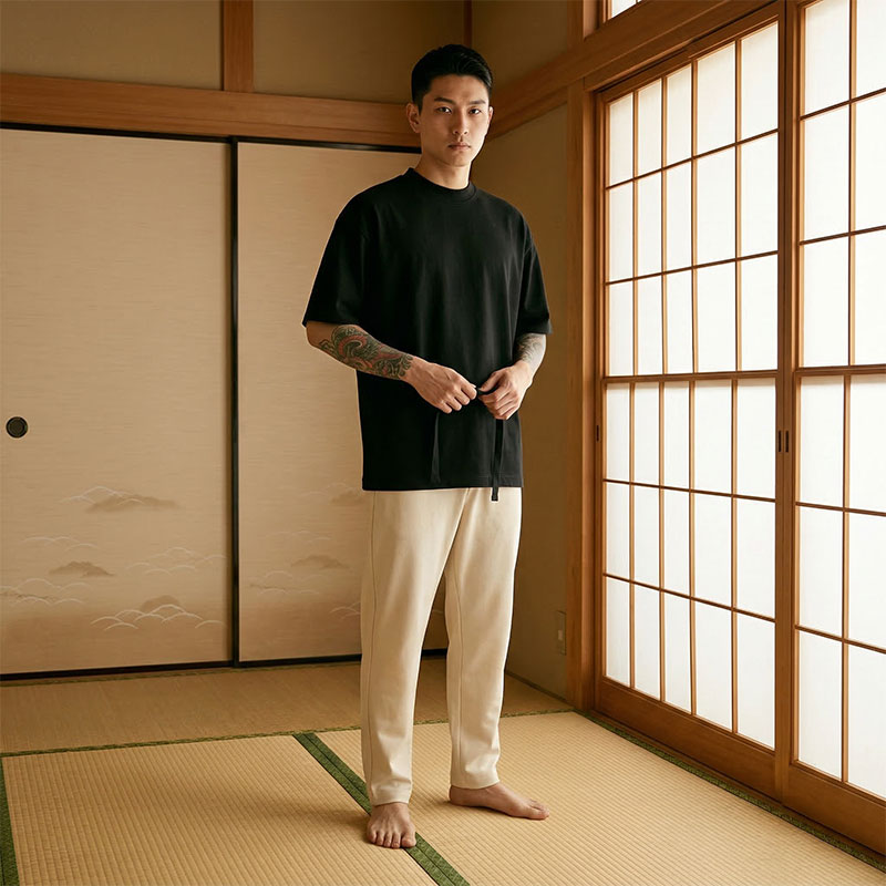 Man wearing a black t-shirt and beige pants standing in a room with wooden sliding doors and a large window.