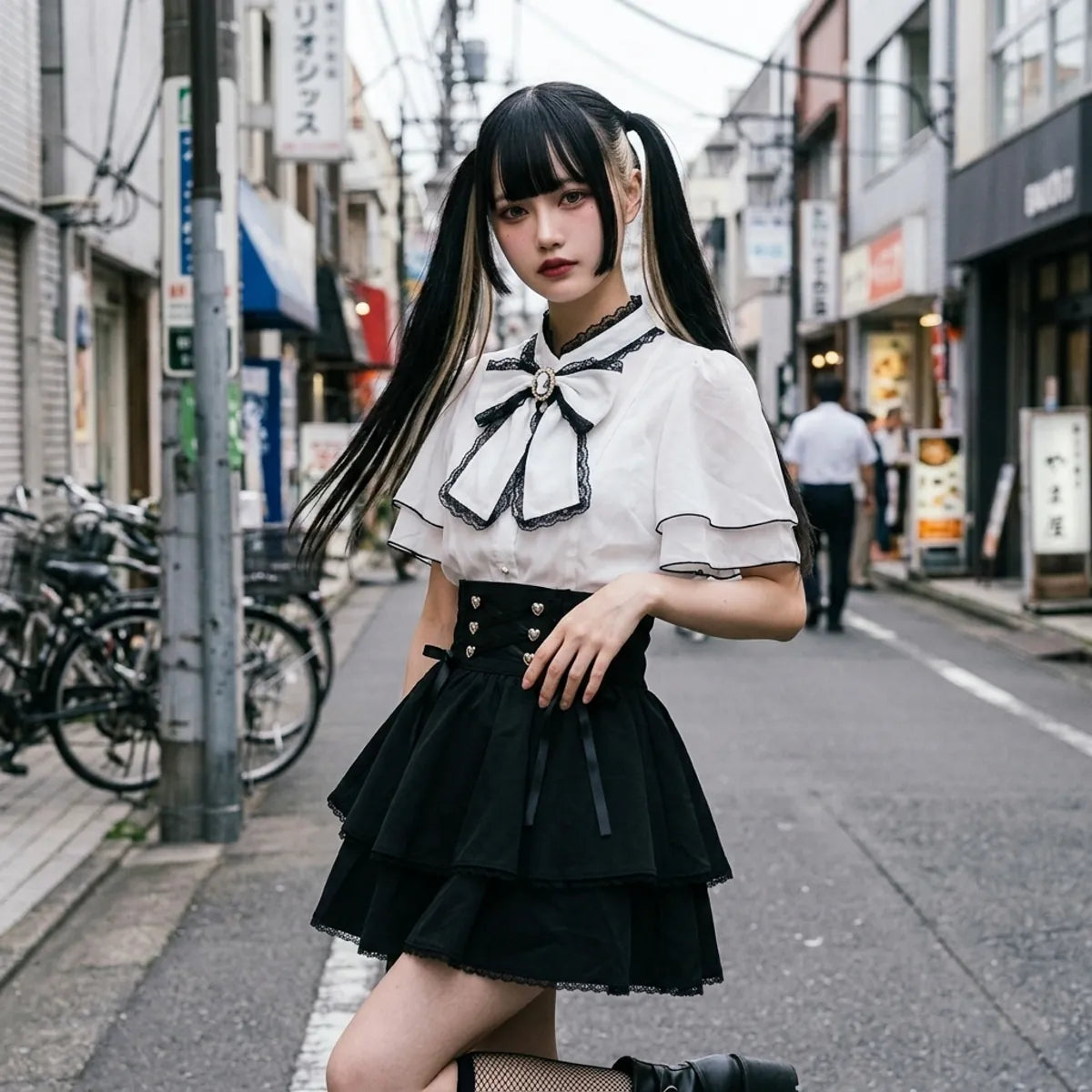 The black tiered mini skirt and its corset waistband seen three quarters in a Harajuku backstreet