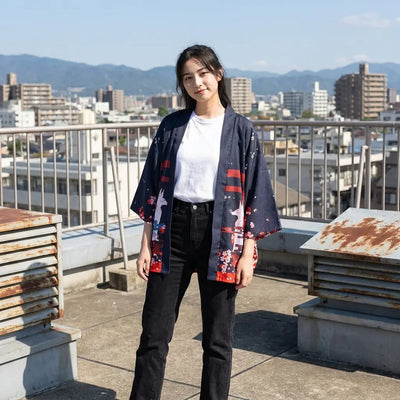 The black torii kimono wrap on a rooftop, the hills visible behind.