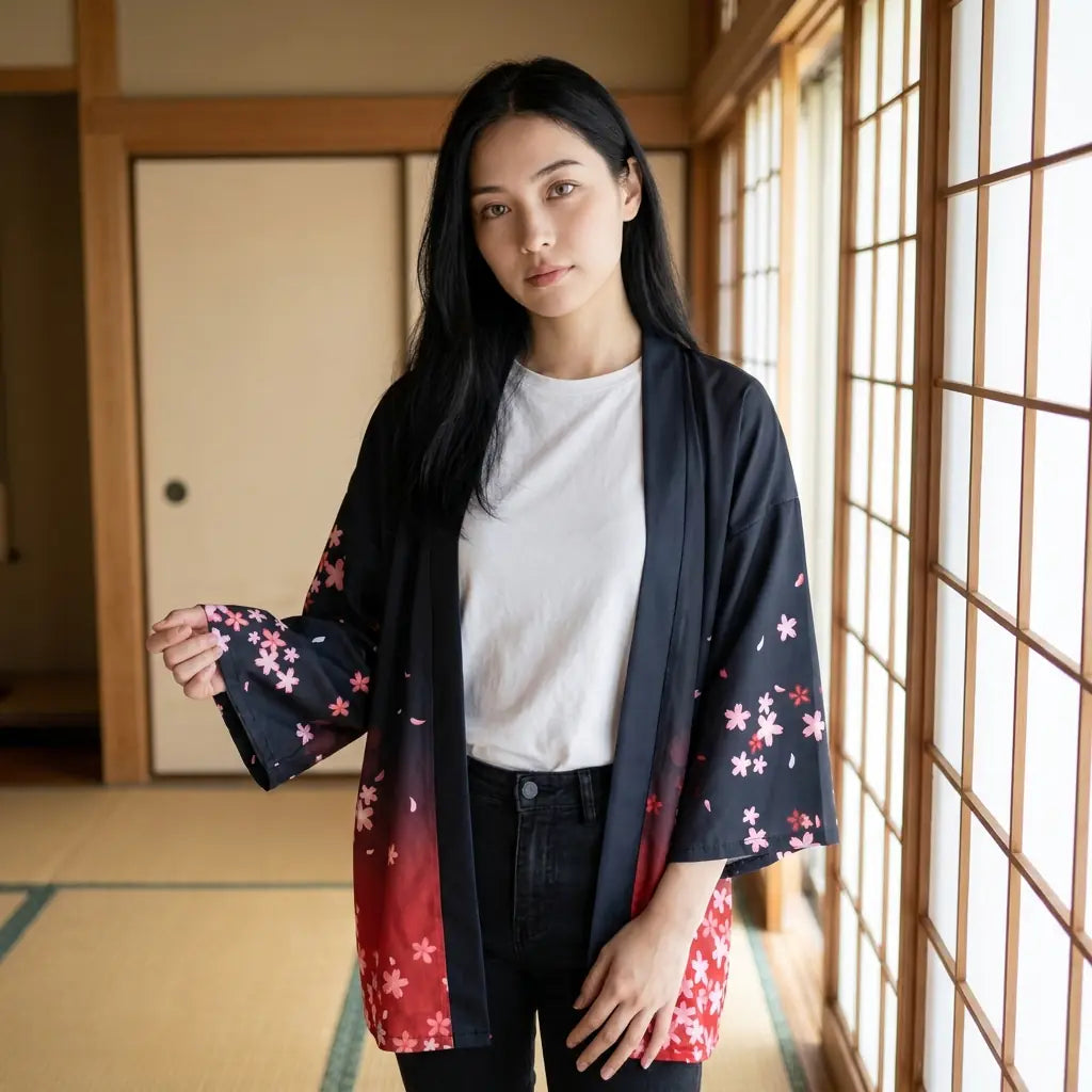 The blossom print haori seen closer in a room lined with shoji screens.