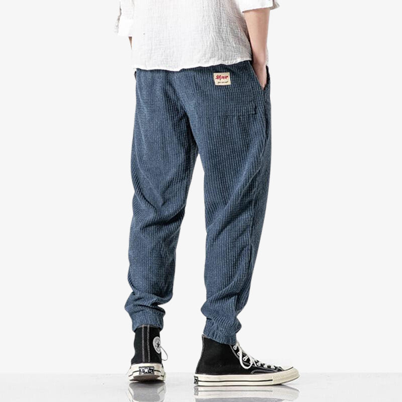 Blue corduroy pants mens design crafted for casual, stylish wear rooted in Japanese fashion culture.