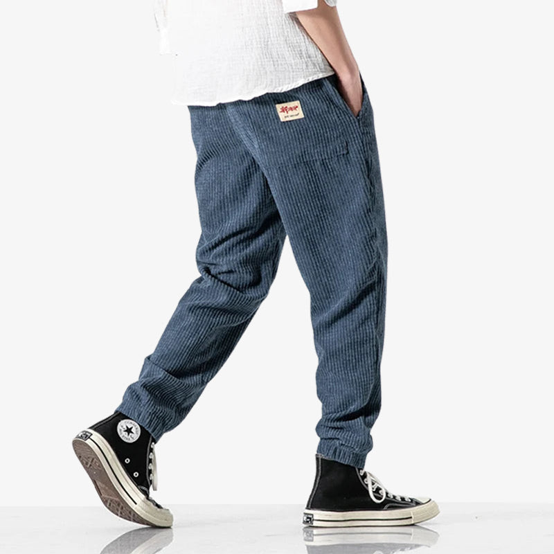 This Blue corduroy pants featuring a soft white harajuku lover shirt and classic fit inspired by Japanese fashion.