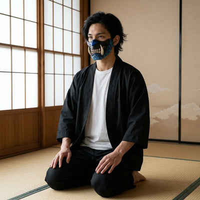 Blue demon mask seen in profile, the carved cheek and ivory fang, worn while kneeling on tatami