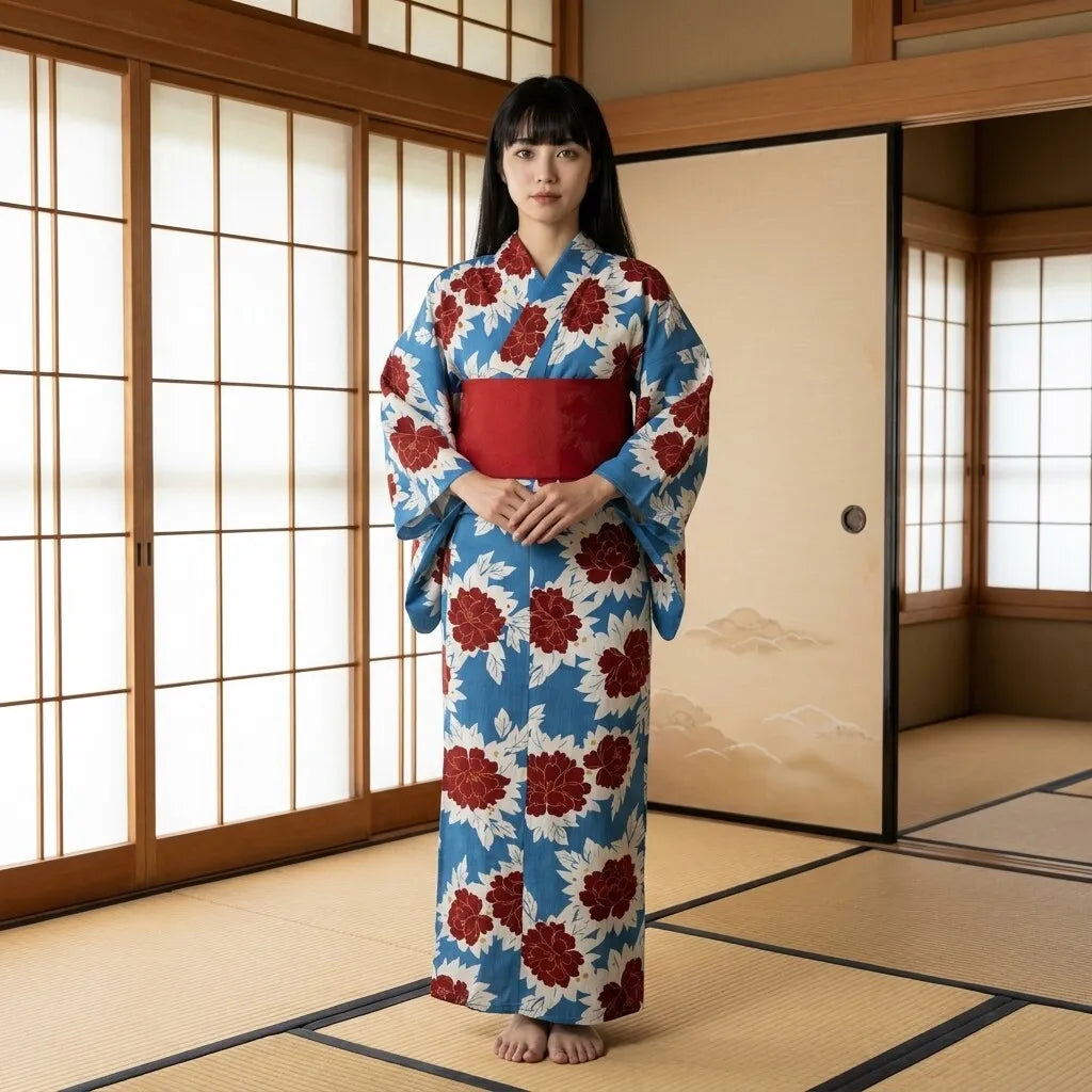 Blue floral yukata with peony print shown in a full-length front view