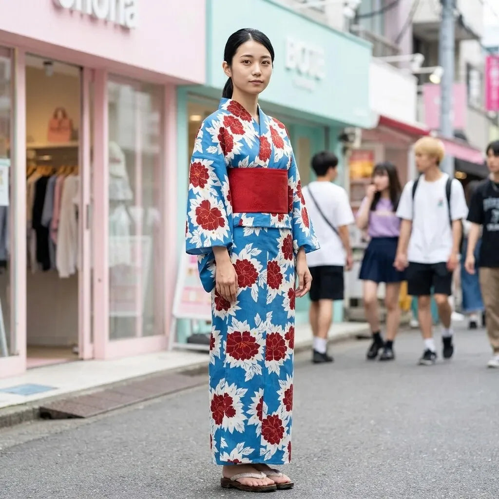 Close view of the peony motif and wrap collar on the blue floral yukata