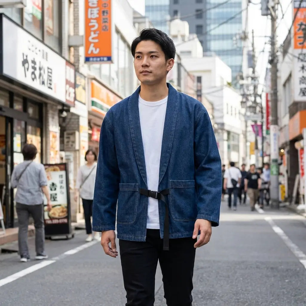 Man wearing a blue haori in a Harajuku street in Tokyo, front view