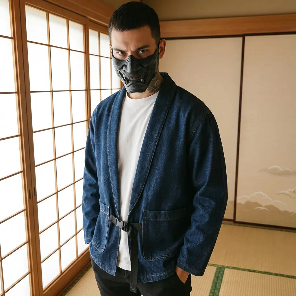 Man wearing a blue haori in a Japanese washitsu room with shoji screens, waist-up front view