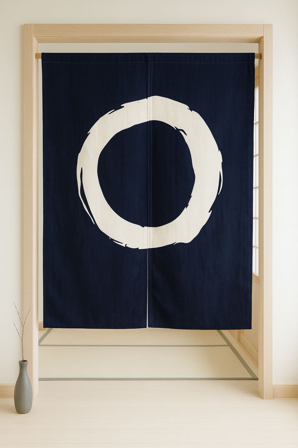 blue Japanese curtain with white circle design on a navy background in a room setting.