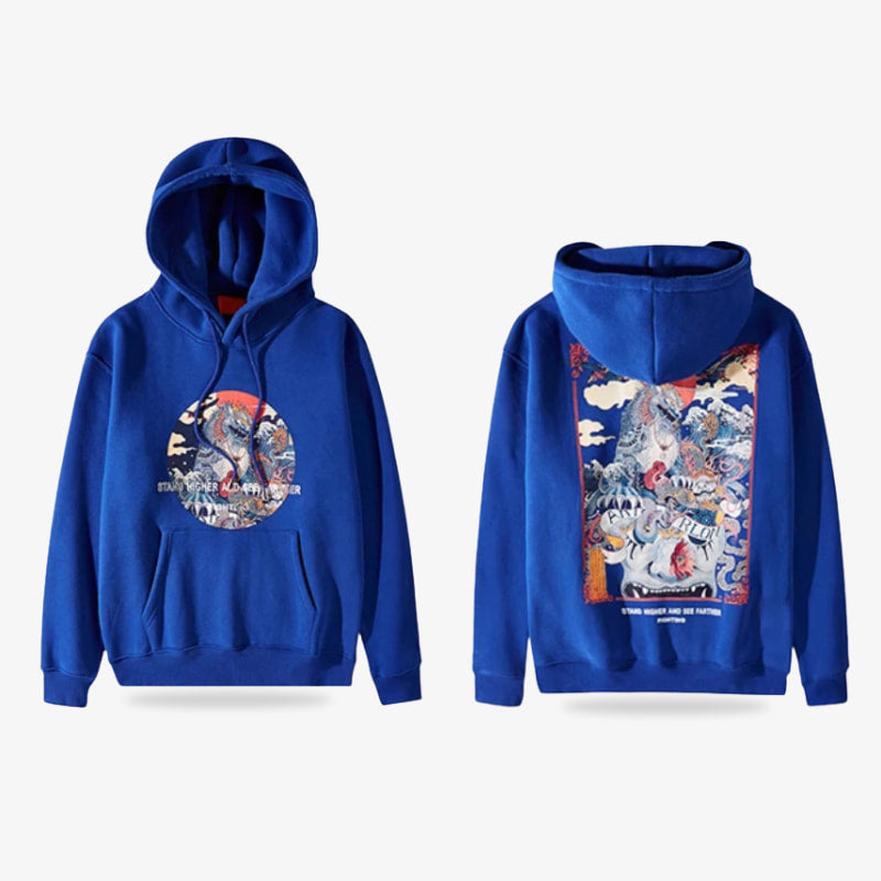 Blue Japanese hoodie with colorful graphic design on a white background