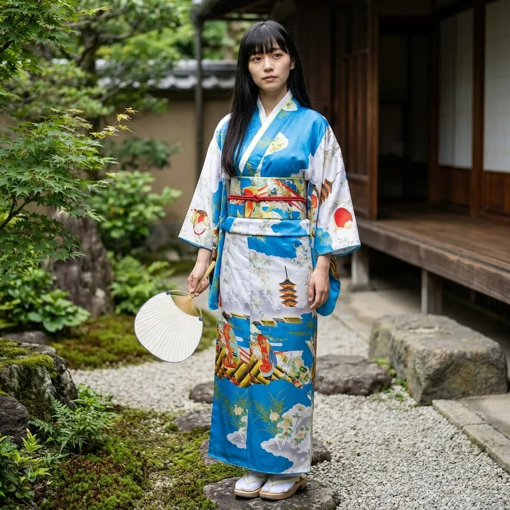 Blue kimono dress with sky blue ukiyo-e print and obi-style waist tie