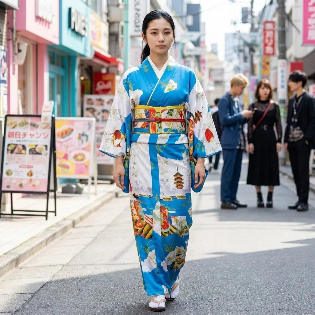 Back view of sky blue ukiyo-e kimono robe showing pagoda and cloud panels