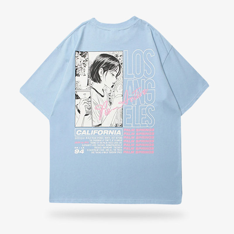 This loose-fitting outfit is a blue manga tee  with a Japanese girl drawing print. The cotton fabric is blue