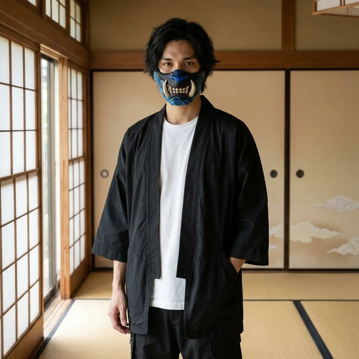 Blue oni half mask with ivory fangs worn in a Japanese tatami room