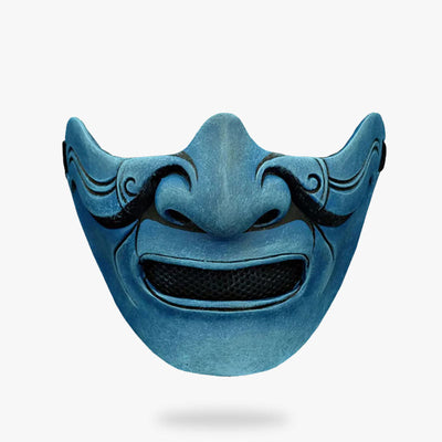 The blue samurai mask symbolizes half ghost face from a Japanese demon named Yurei